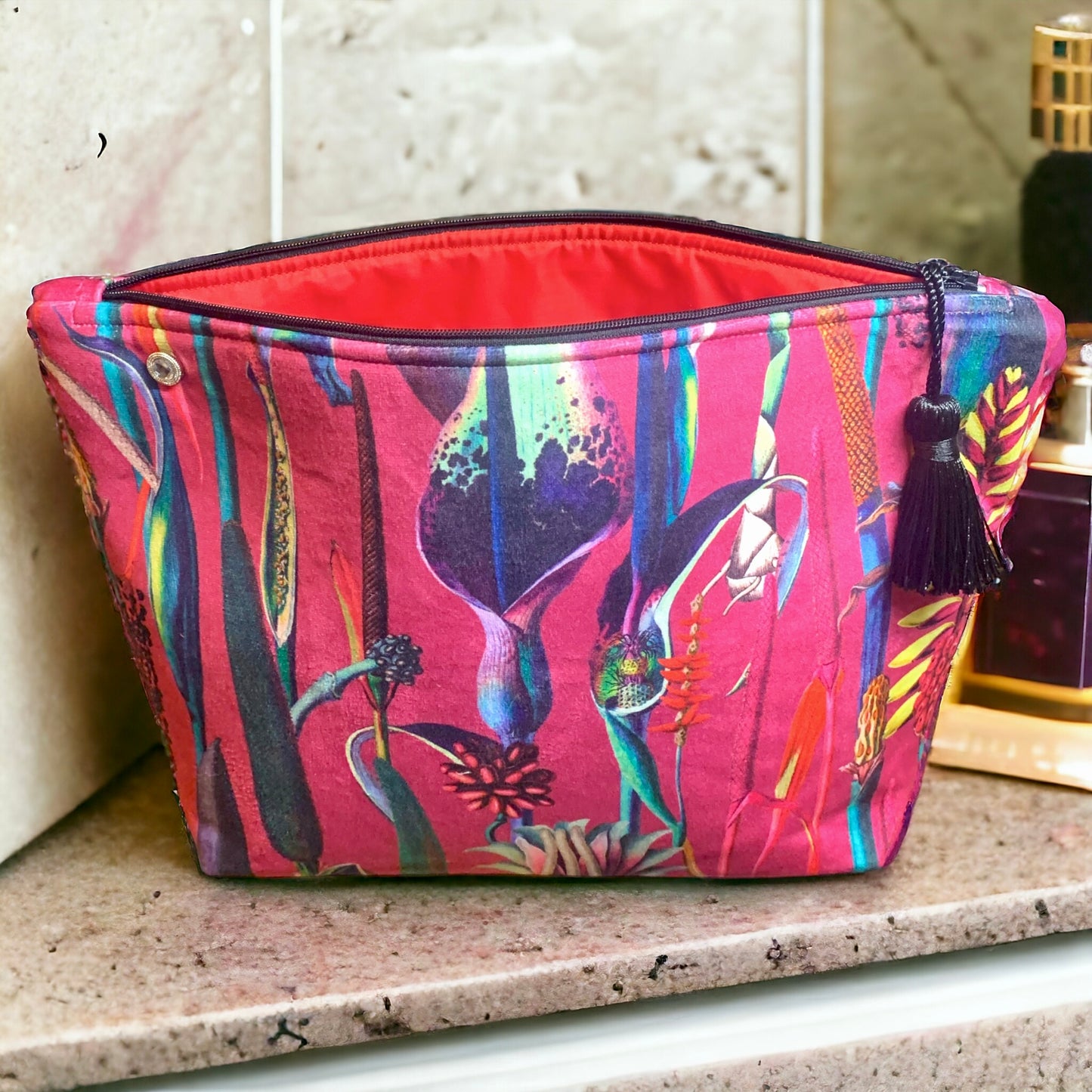 Pink velvet botanical print wash bag /storage
