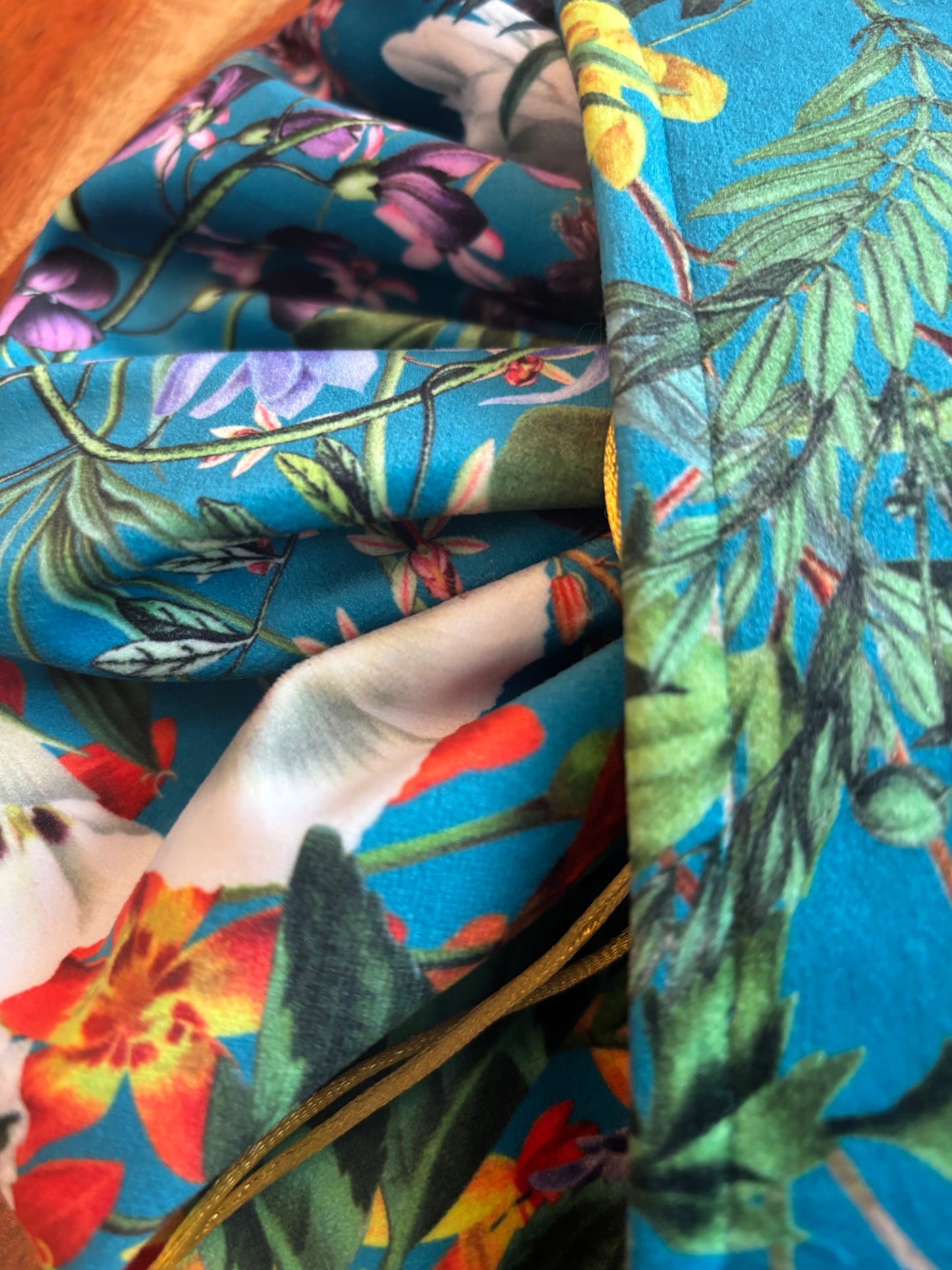Blue velvet floral Drawstring opens out flat makeup cosmetic bag