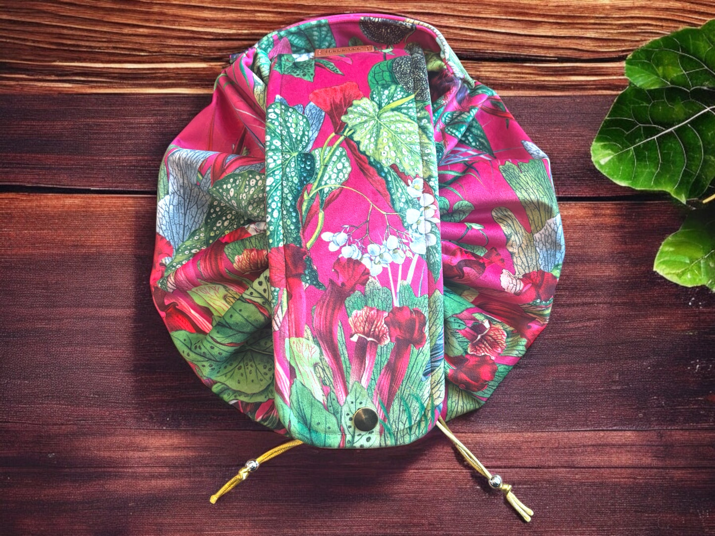 Red velvet floral Drawstring opens out flat makeup cosmetic bag