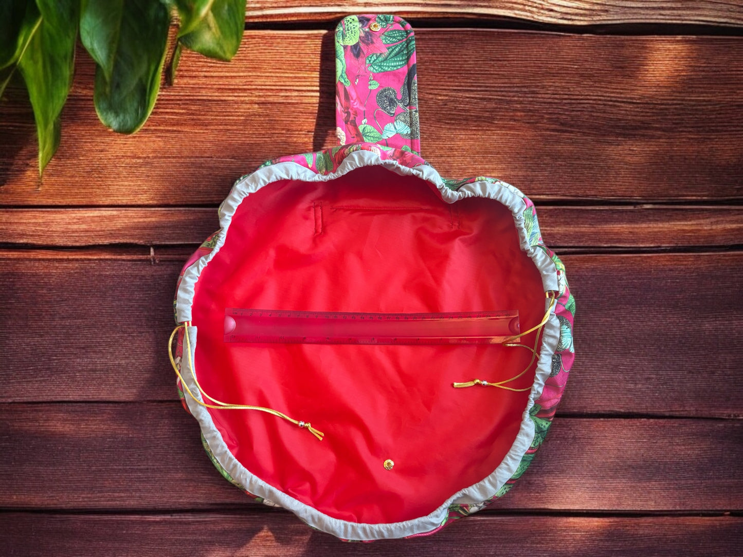 Red velvet floral Drawstring opens out flat makeup cosmetic bag
