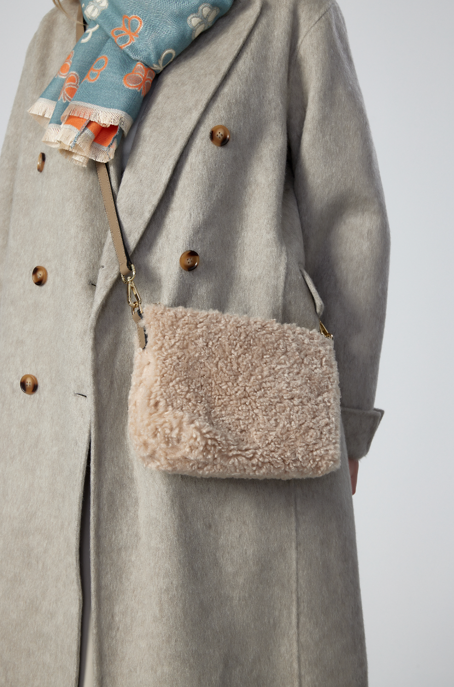 Women's Faux Shearling & Genuine Leather Messenger Bag: Cream