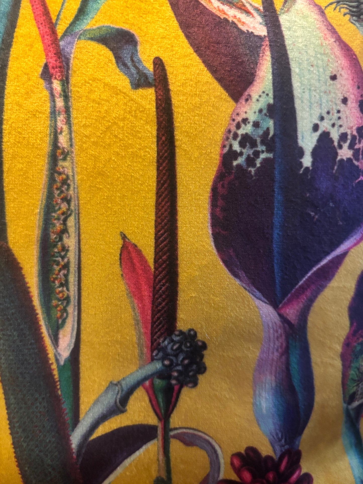 Yellow velvet botanical print wash bag /storage