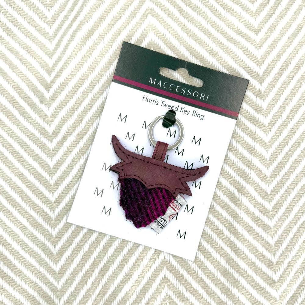 Harris Tweed Highland Coo Keyring Purple Check