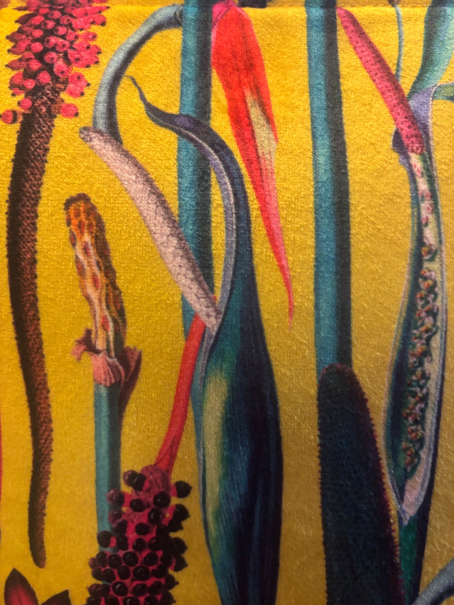 Yellow velvet botanical print wash bag /storage