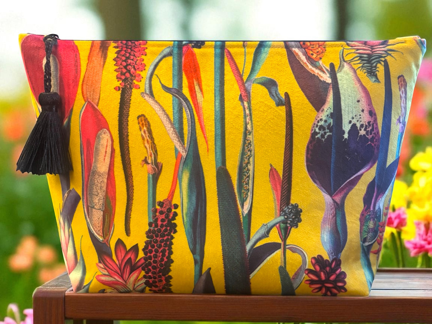Yellow velvet botanical print wash bag /storage