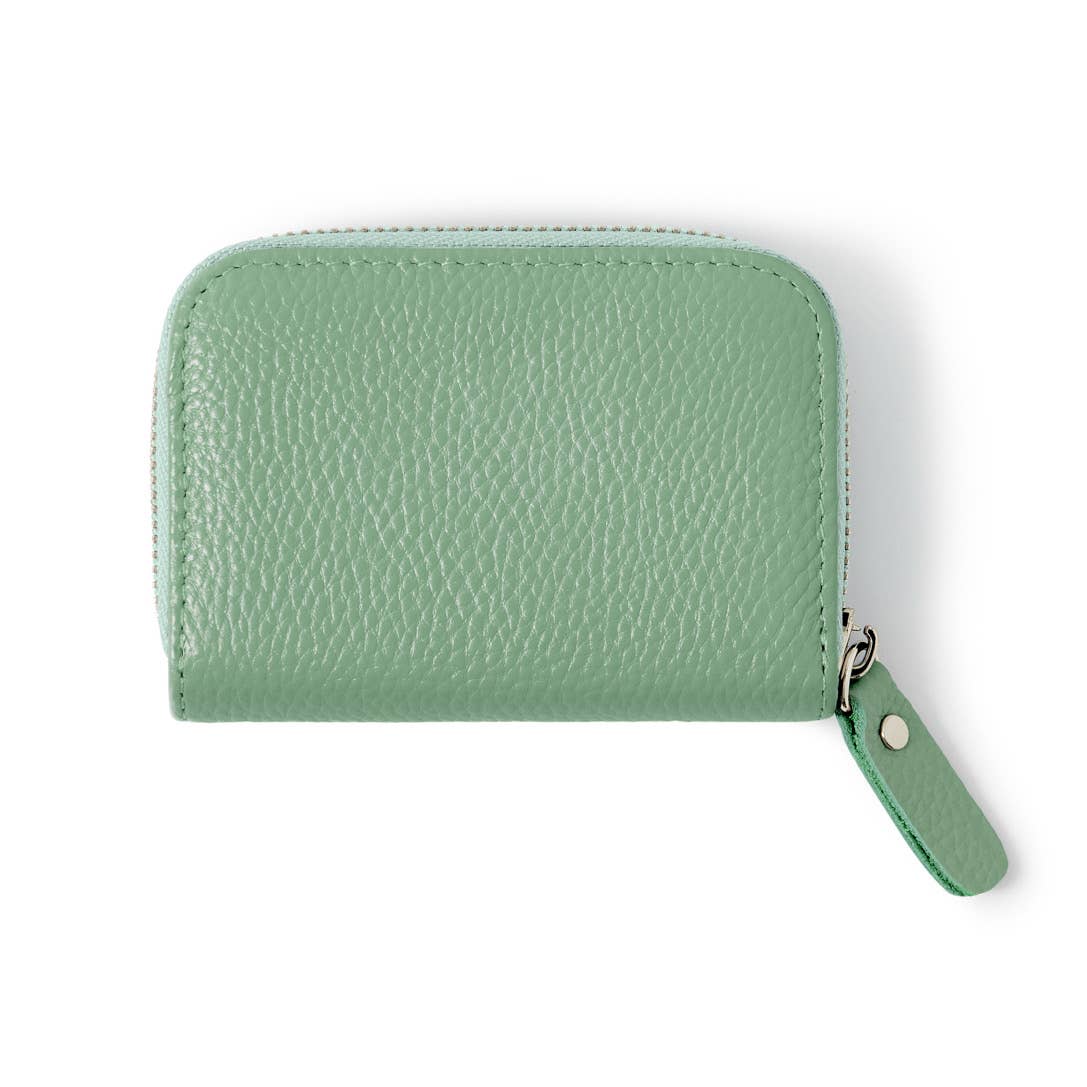 Italian Genuine Leather Handmade Mini Zip Card Holder: DUSTY GREEN