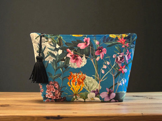 Blue velvet floral makeup bag