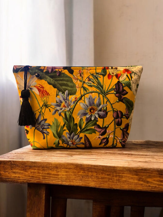 Yellow Floral Velvet Makeup Bag: Handmade Cosmetic
Storage with Tassel