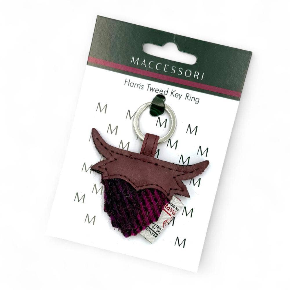 Harris Tweed Highland Coo Keyring Purple Check