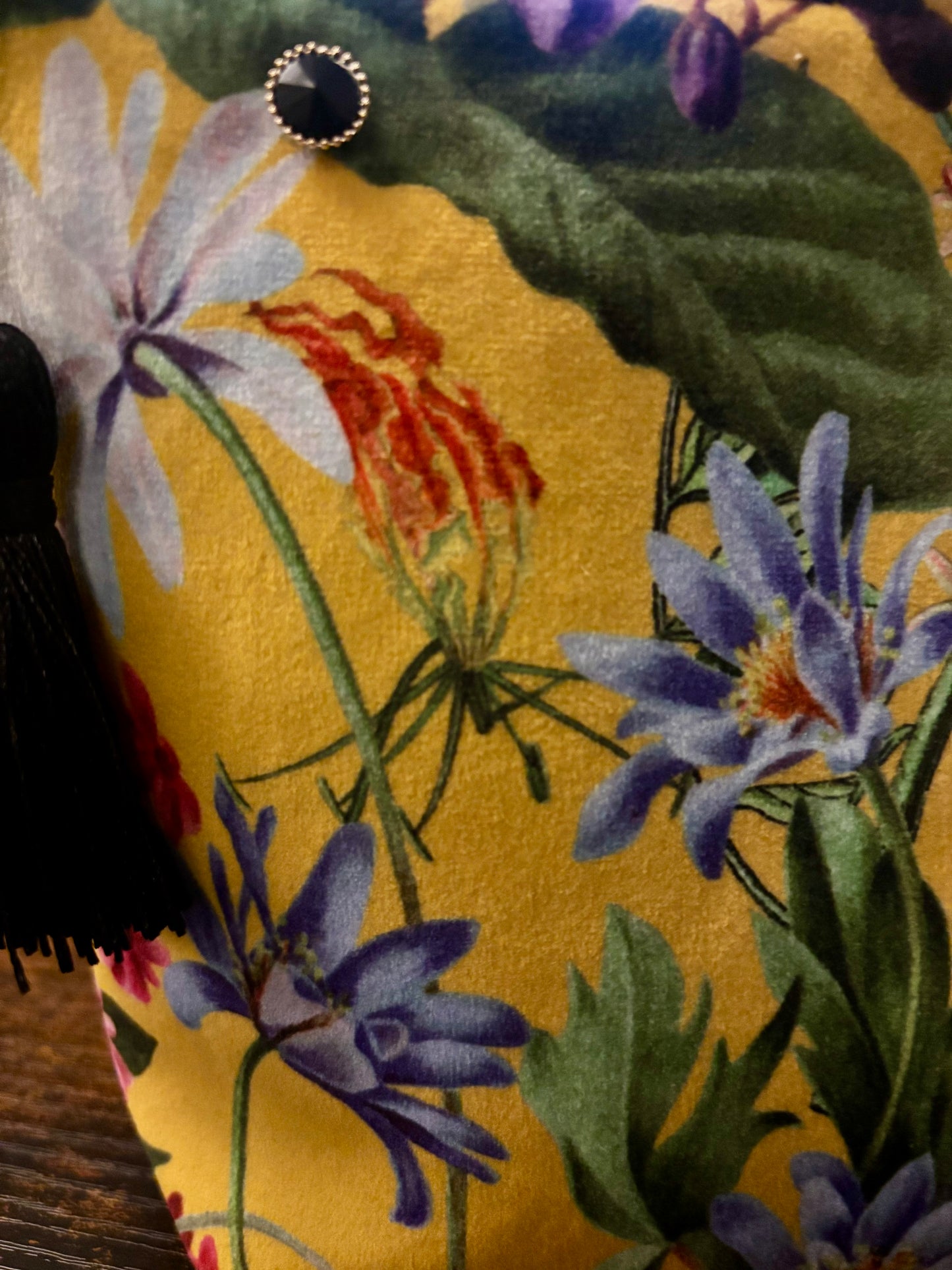 Yellow Floral Velvet Makeup Bag: Handmade Cosmetic
Storage with Tassel