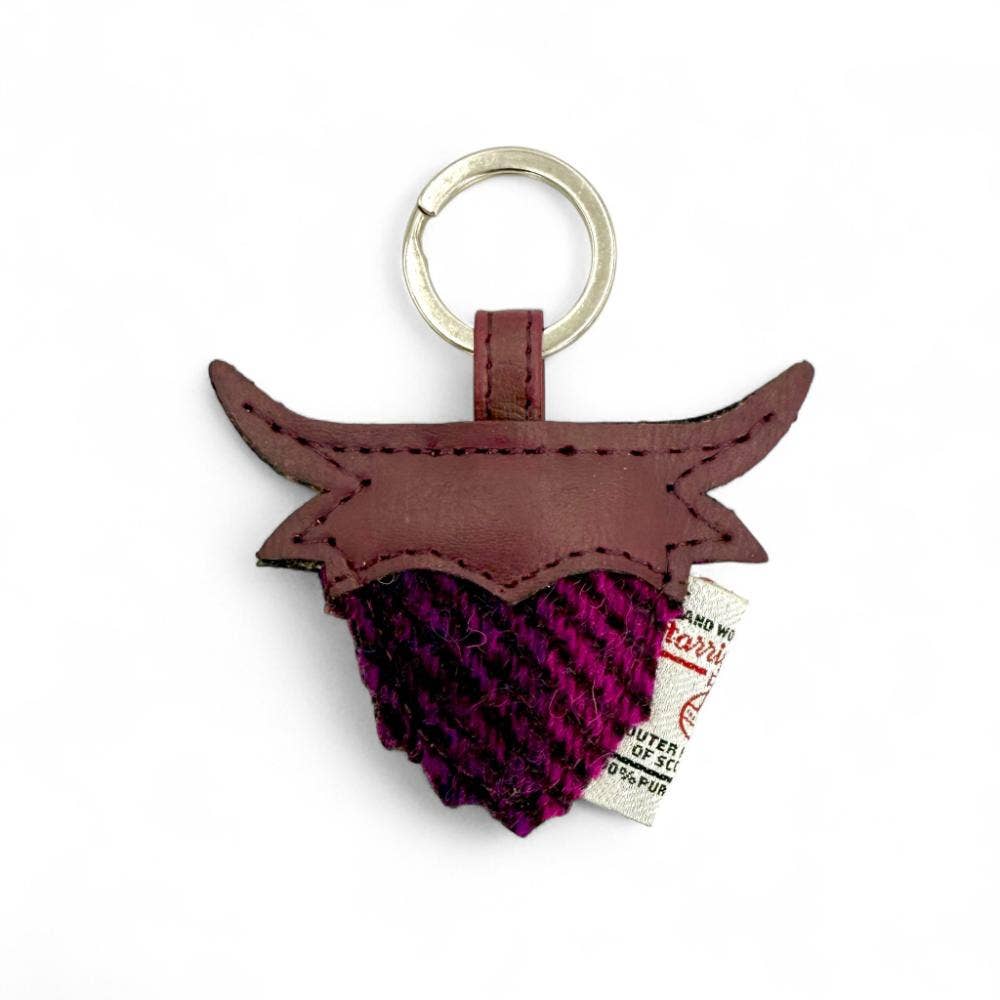 Harris Tweed Highland Coo Keyring Purple Check