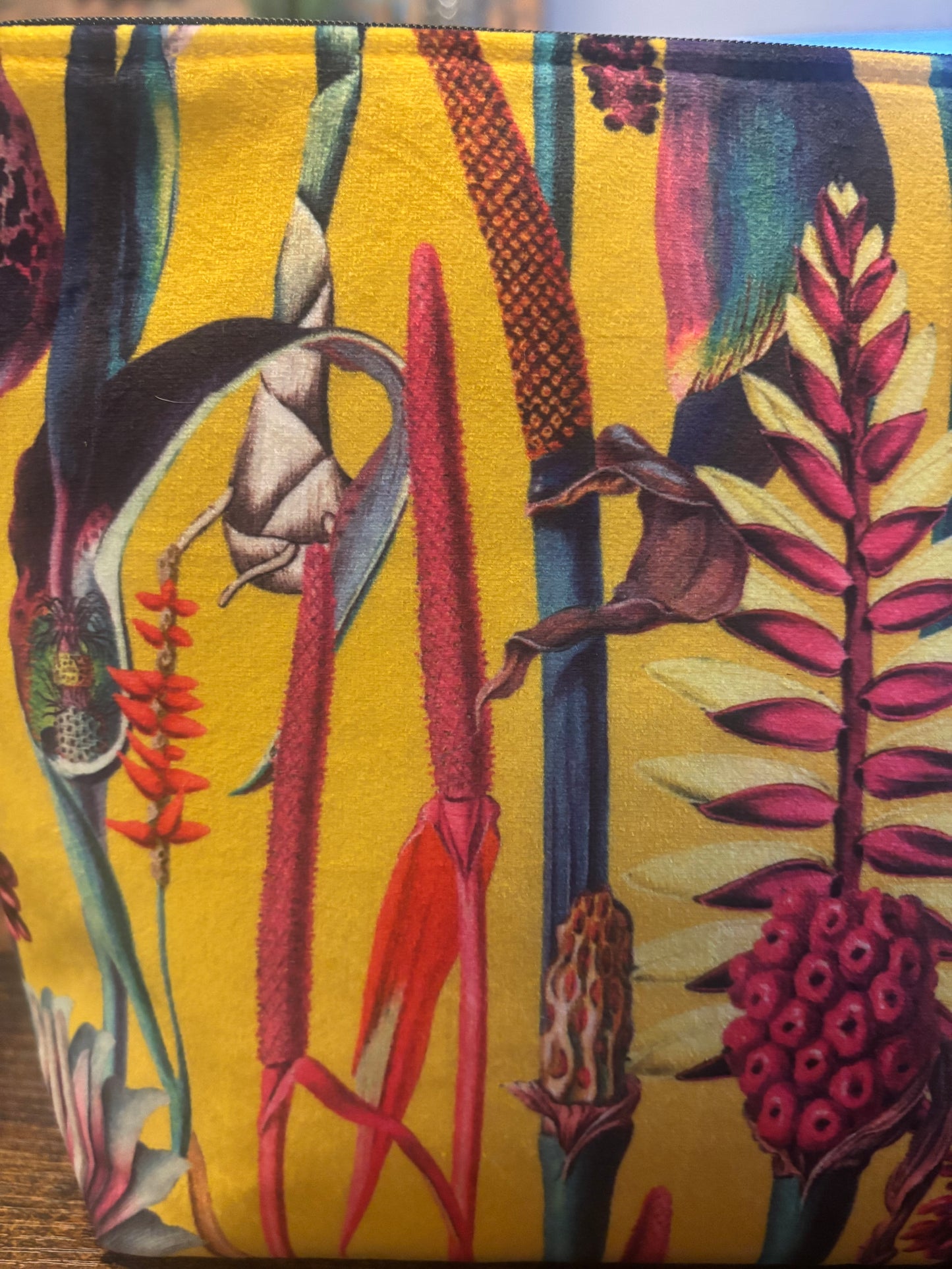 Yellow velvet botanical print wash bag /storage