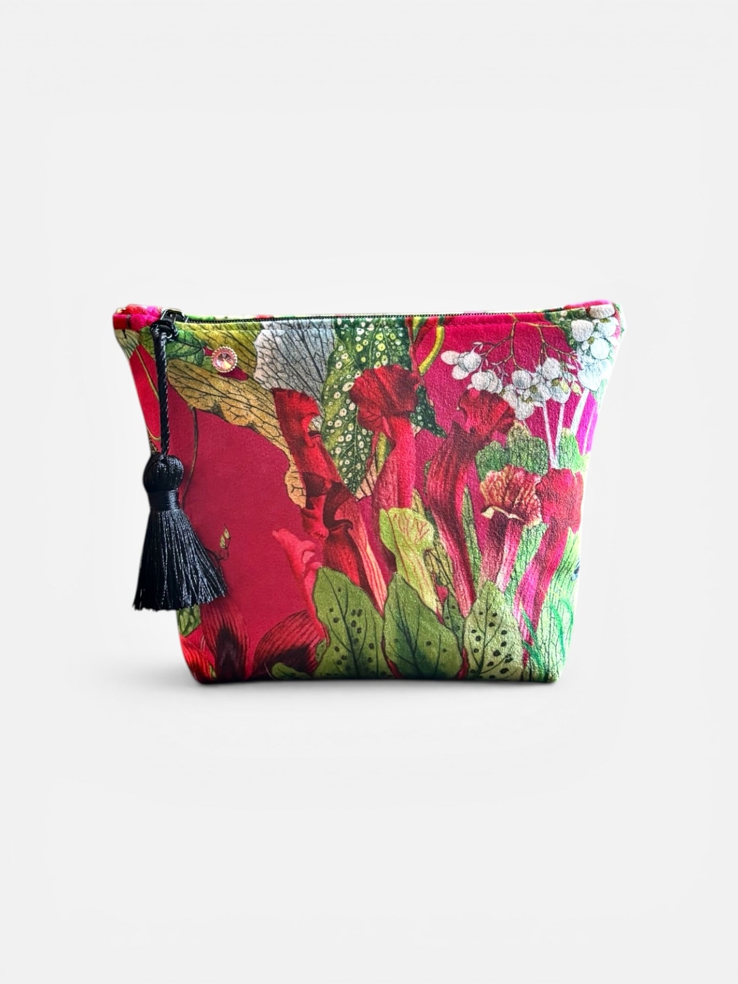 Cerise floral velvet small makeup bag with a black tassel. Handmade with red lining and diamanté pin button.