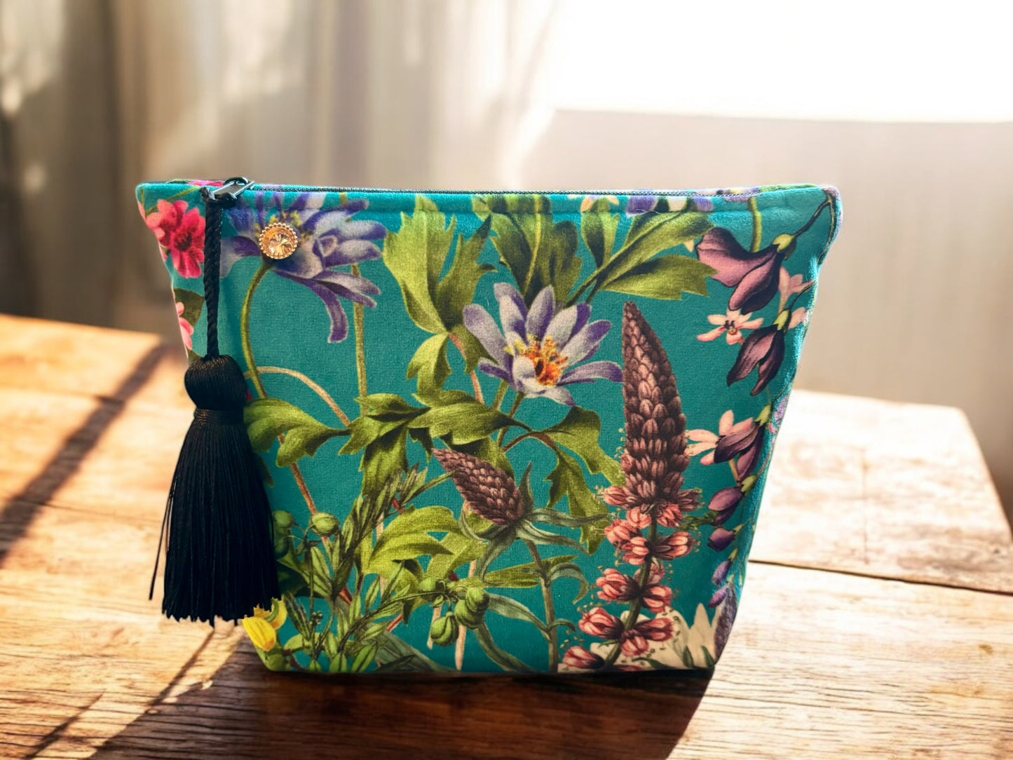 Turquoise Floral Velvet small Makeup Bag: Handmade Cosmetic & Travel Storage