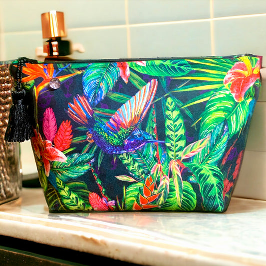 Gorgeous Handmade Colourful Hummingbird Velvet Toiletry / Wash Bag