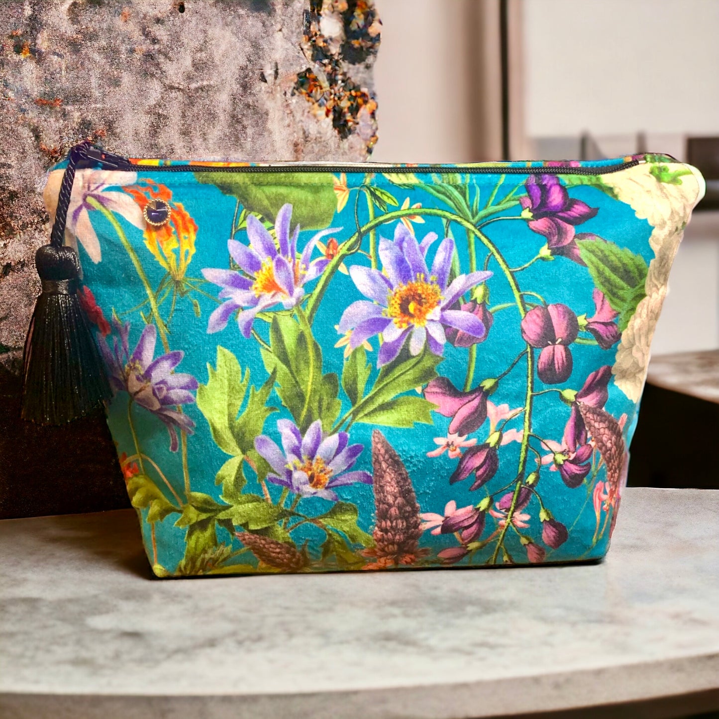 Blue velvet floral makeup bag