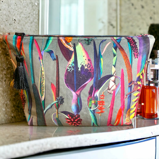 Green velvet botanical print wash bag /storage