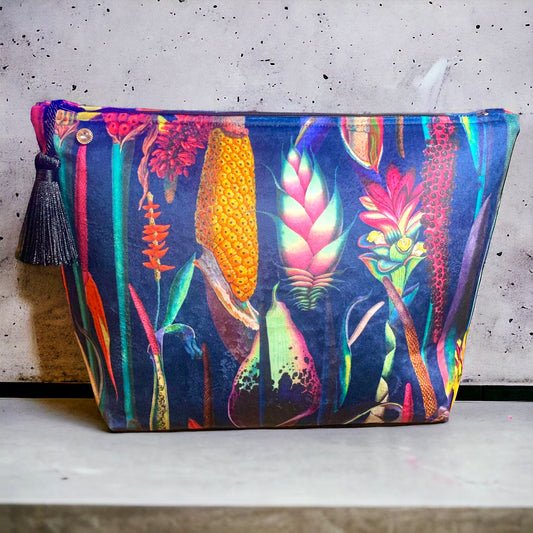 Blue velvet botanical print wash bag /storage