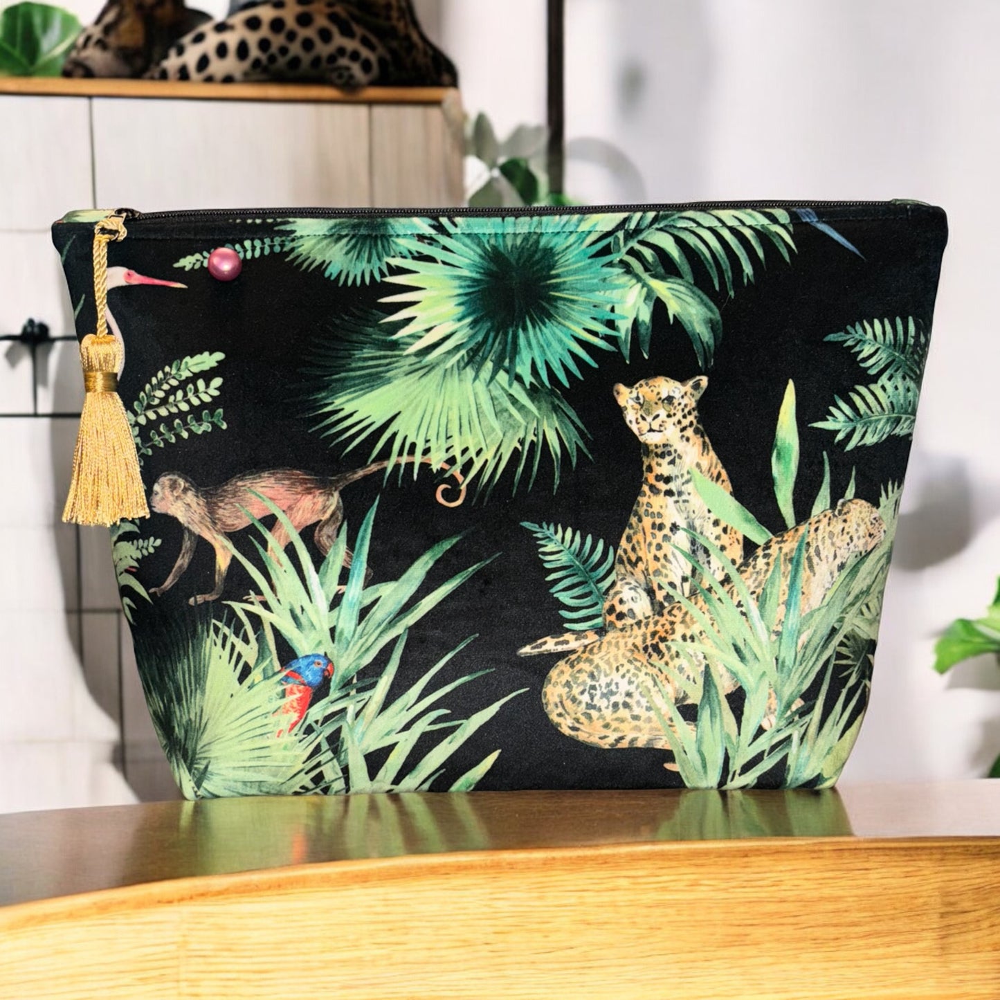 Amazon Leopard print tropical Velvet Toiletry / Wash Bag