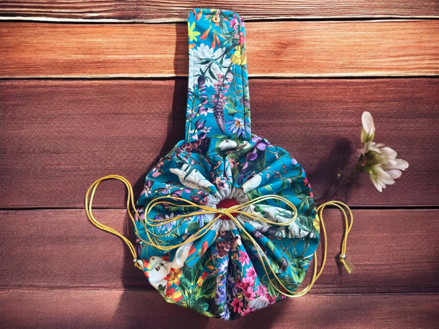 Blue velvet floral Drawstring opens out flat makeup cosmetic bag