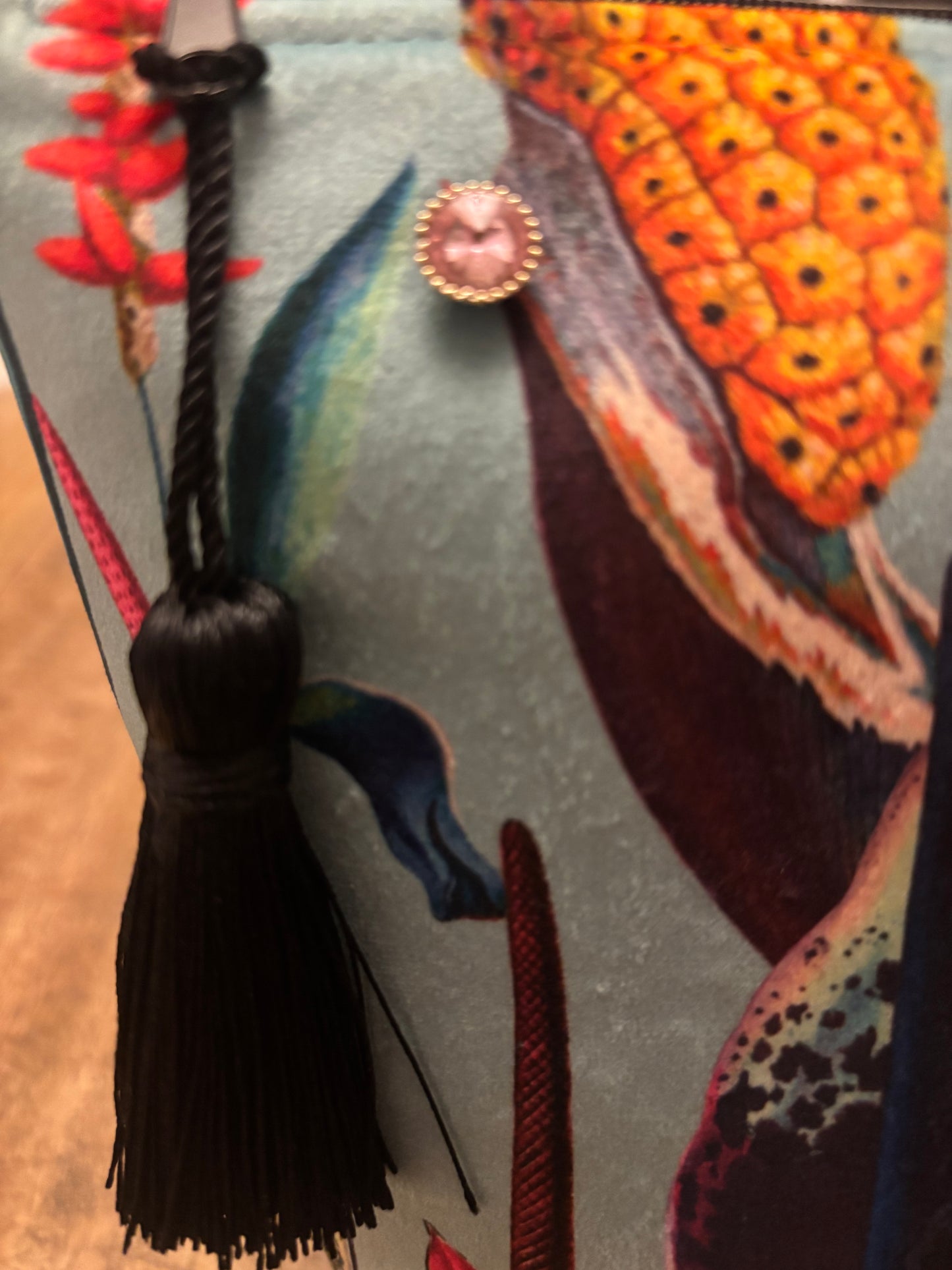 Duck egg blue velvet botanical print wash bag /storage