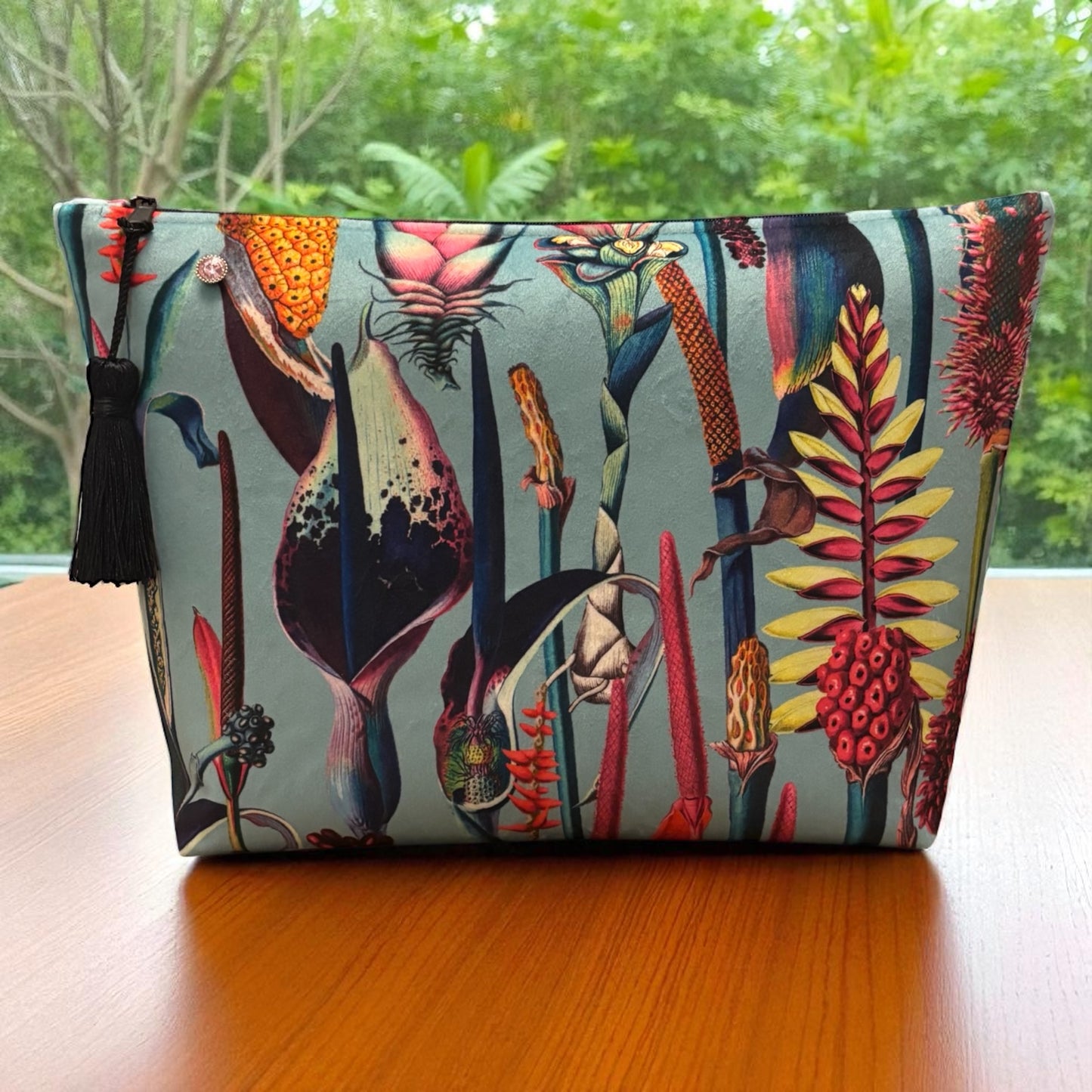 Duck egg blue velvet botanical print wash bag /storage