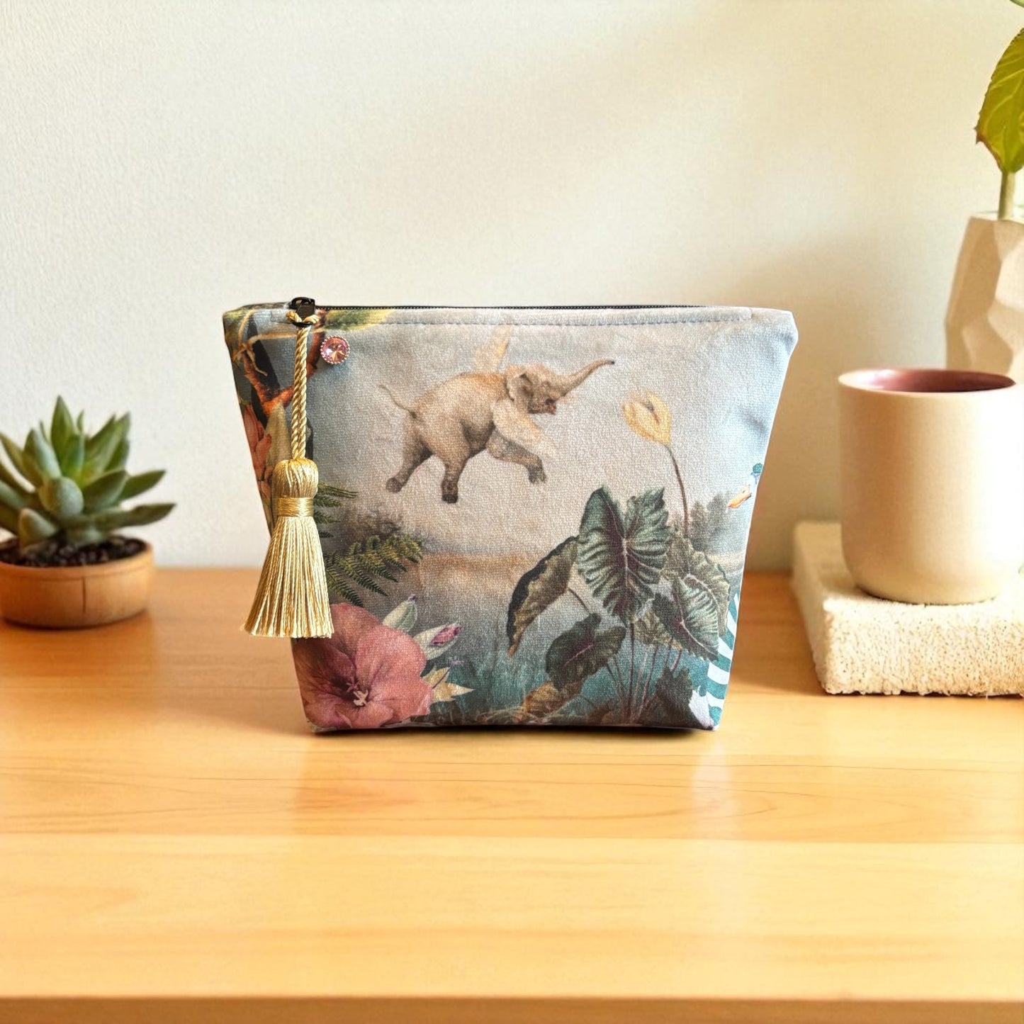 Elephant and hot air ballon velvet small makeup bag