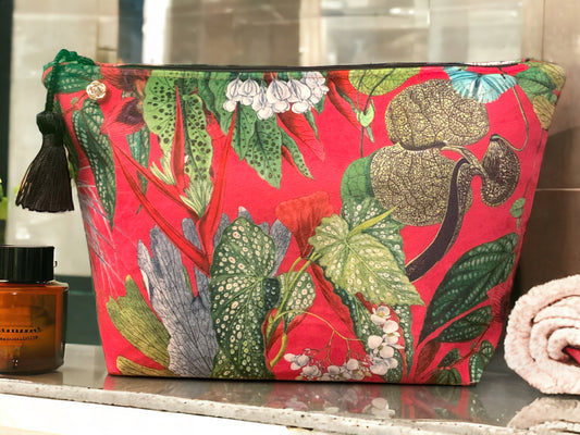Red Velvet with Tropical Flowers Toiletry / Wash Bag