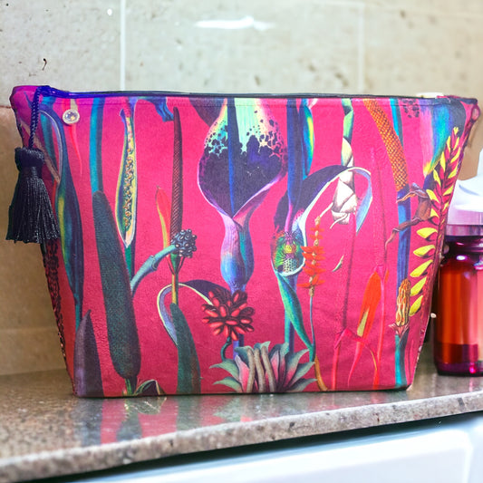 Pink velvet botanical print wash bag /storage