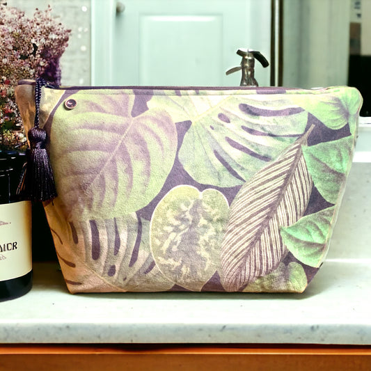 Gorgeous Handmade Tropical Leaf Velvet Toiletry / Wash Bag