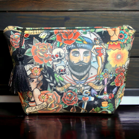 Old Tattoo design velvet makeup /cosmetic bag