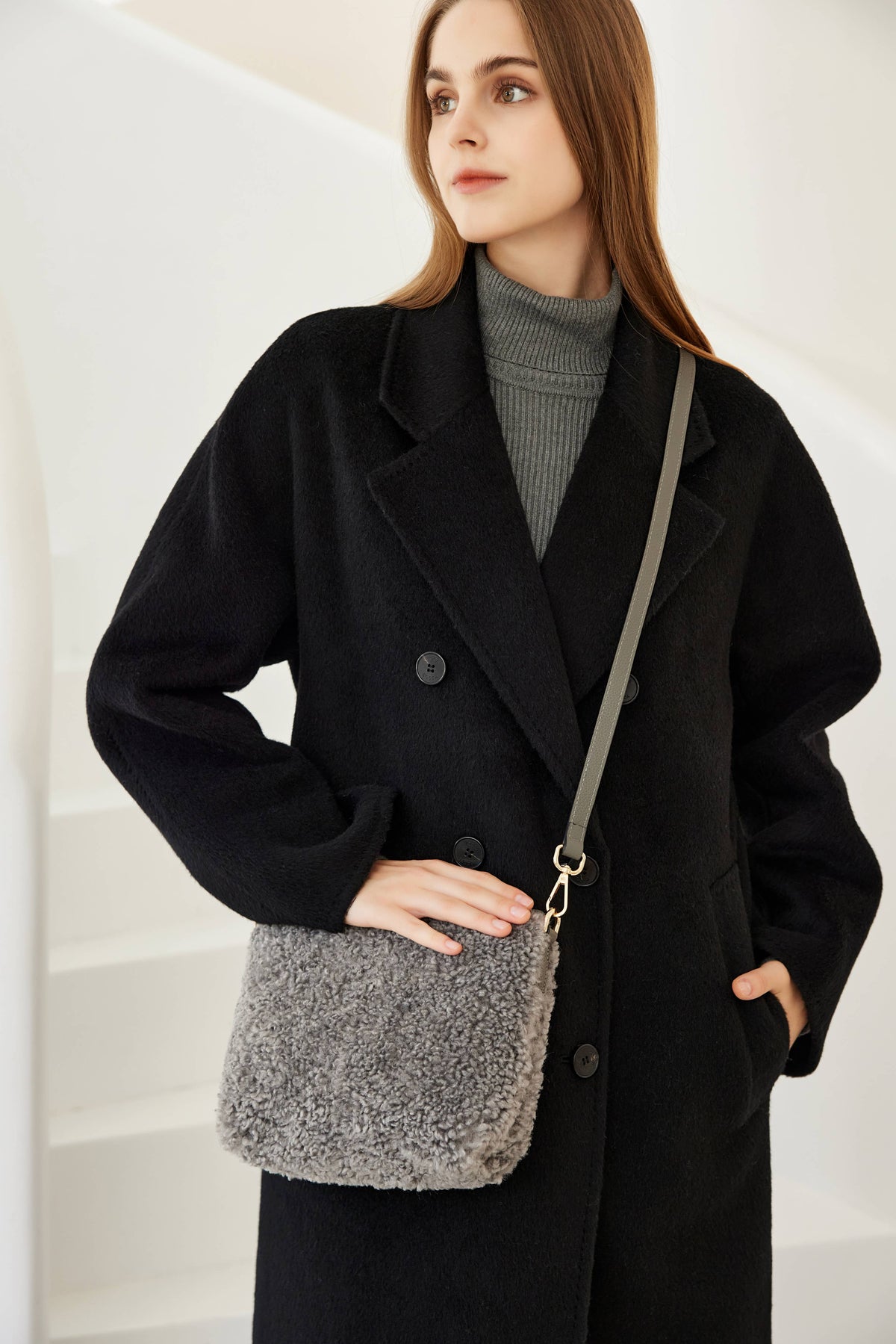 Women's Faux Shearling & Genuine Leather Messenger Bag: Light Taupe