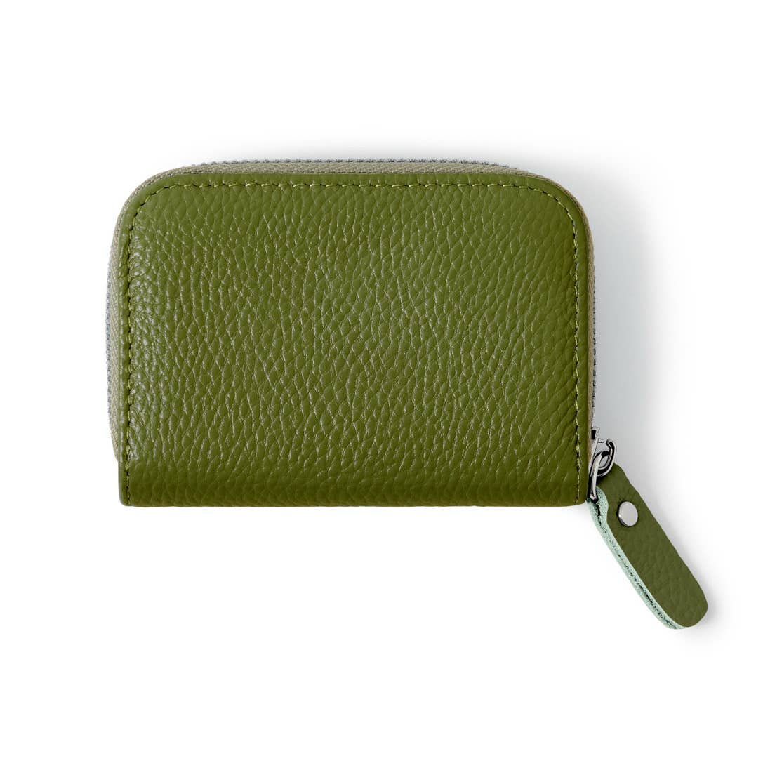 Italian Genuine Leather Handmade Mini Zip Card Holder: DUSTY GREEN