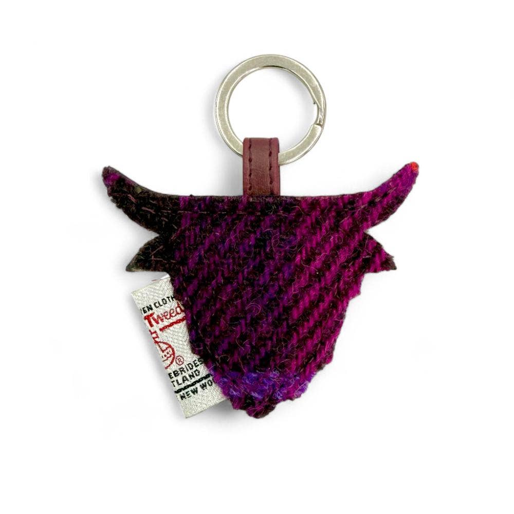 Harris Tweed Highland Coo Keyring Purple Check