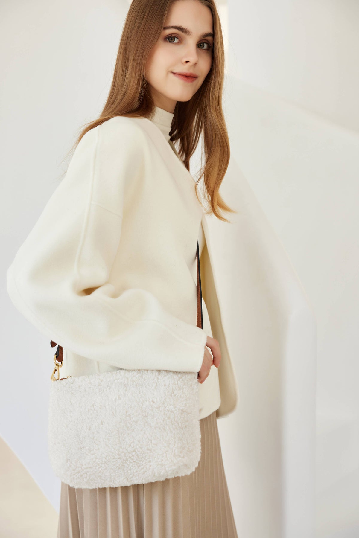 Women's Faux Shearling & Genuine Leather Messenger Bag: Cream